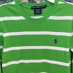 RL Sport Green White Bold Stripe Long Sleeved Cotton Tee Purple Logo